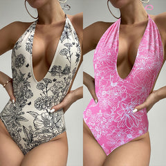 Printed Slim Fit One Piece Swimwear Deep V-Neck Triangle Bikini