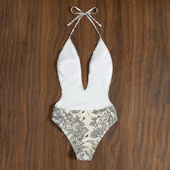 Printed Slim Fit One Piece Swimwear Deep V-Neck Triangle Bikini