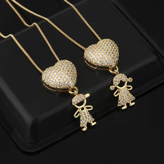 Fashion Jewelry Son Daughter Heart Gold Color Cubic Zirconia Family Girl Boy Pendant Necklace Chain Jewelry For Mother Gift