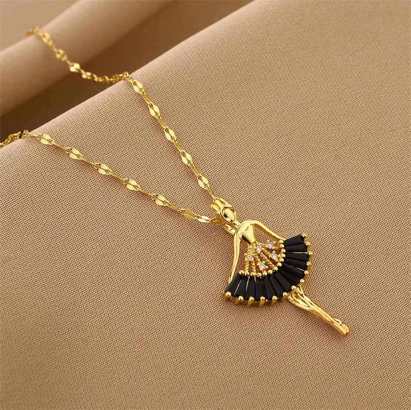 Micro Inlaid Zircon Ballet Girl Pendant Titanium Steel Necklace For Women